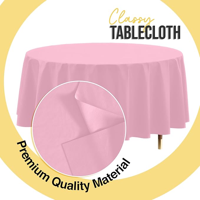 Exquisite 66% Thicker Premium Pink Round Tablecloth 0.5 Mil 24 Pack Plastic Table Cloth Disposable 84 Inch Round Plastic Tablecloth Won't Tear Easily Like Cheap Thin Brands