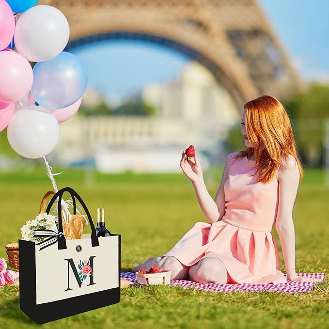 Initial Canvas Tote Bag, Personalized Birthday Gifts for Women Mom Friends Teachers, Monogrammed Tote Bags Suitable for Mother's Day Wedding Beach (LetterM )