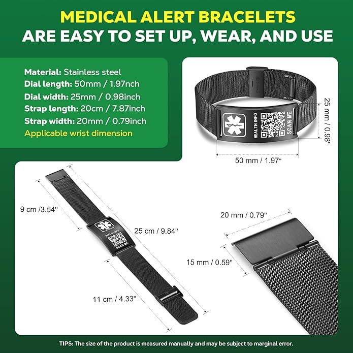 Upgraded Medical Bracelets Men Women with QR Code Medical Alert ID Bracelets - Titanium Steel Wristband Fits Wrists Up 8''-10'' - More Space Custom Emergency Med ID Info
