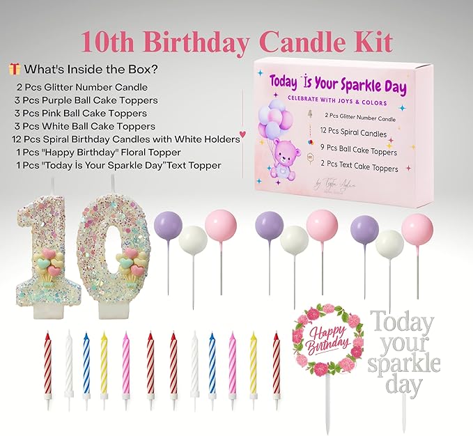 by Tugba Aydan - 10 Number Birthday Candles – 25 Piece Cake Decoration Kit with Number Candle – Party Supplies for Kids’ Tenth Birthday Celebration
