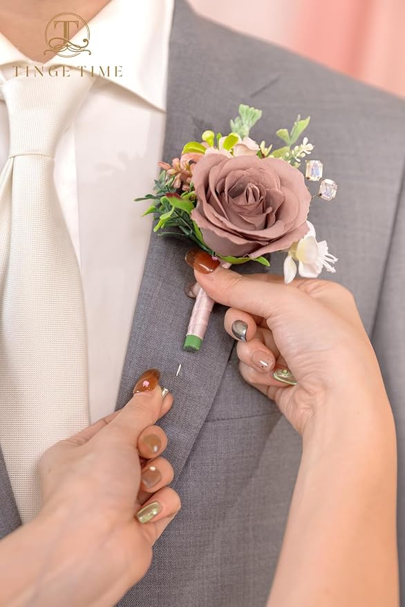 TINGE TIME Boutonniere for Men Wedding,Groom and Best Man Boutonniere for Wedding Ceremony Anniversary, Formal Dinner Party and Rustic Spring Marriage (10, DustyRose&Champagne)