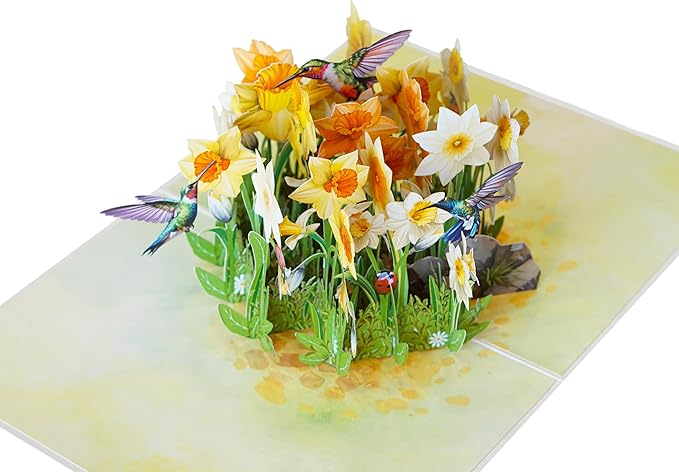 Daffodils with Hummingbirds 3D Birthday Cards for Women, Mothers Day Cards, 6x8in Pop Up Gift Card for Mom, Wife, Her, Daughter, Sister, Grandma (PQ Daffodils w Hummingbirds)