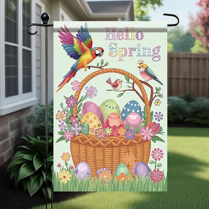 Starlit Patio Hello Spring Garden Flag Corn Poppy 12x18 Inch Double Sided Happy Easter Garden Flag Colorful Easter Eggs Birds Summer Outside Floral Yard Decoration Outdoor Flag Decor