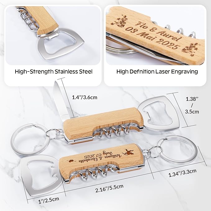 10PCS Personalized Wooden Multifunctional Bottle Opener, Customized Favors Gifts for Wedding Birthday Party, Engraved Bottle Opener Keychains for Guest