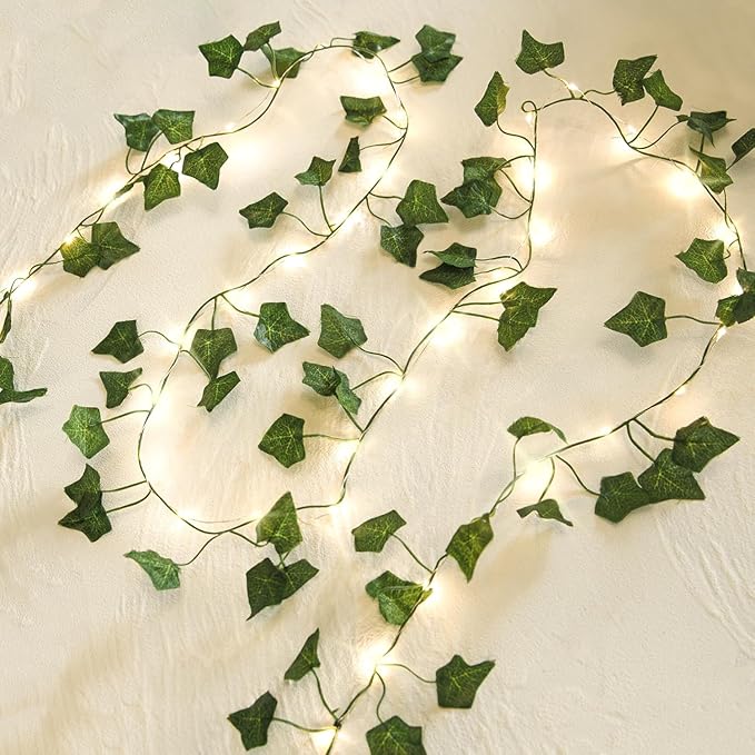 KANLONG 33 Ft Vine with Fairy Lights Battery Operated, 8 Flashing Model Waterproof 100 LEDs Battery Powered Artifical Ivy Leaves Vine String Light for Garland Wedding Party Holiday Patio Bedroom Decor