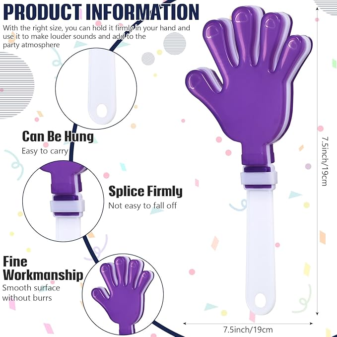 24 Pcs Hand Clappers 7.5 Inch Plastic Clappers Noisemakers Party Favors Clapping Noise Maker Birthdays Game Prizes Classroom Rewards Football Sporting Events Cheers Supplies (Purple,White)