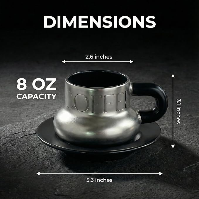 Volcanic Ash Titanium Finish Coffee Mug and Saucer Set (8 oz) | Modern Sculptural Ceramic Cup for Espresso & Latte | Unique Artisanal Home Decor & Desk Art