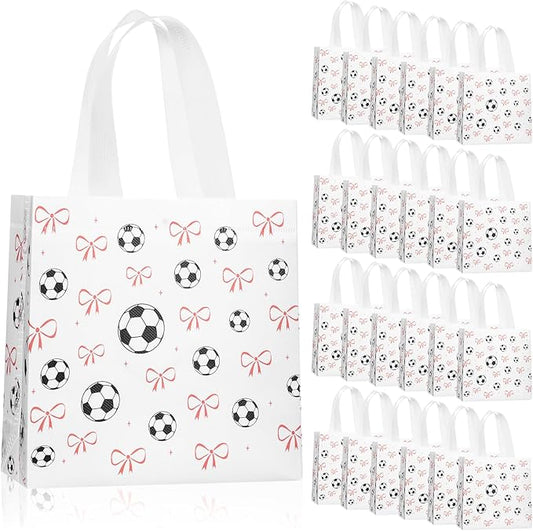 Sweetude 24 Pcs Soccer Gift Bags Bulk with Handle Pink Bow Tote Sports Non Woven Sports Party Favor Gift Bag 7.9 x 7.9 Inch Party Favor Treat Candy Bags Supplies Bulk for Birthday Team Snack