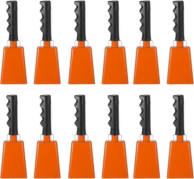 PATIKIL 9inch Cow Bells for Football Games, 12pcs Cowbells for Sporting Events Bulk Loud Noise Makers Metal Cow Bell with Handle for Cheering Competition Marathon Wedding DIY Paint, Orange