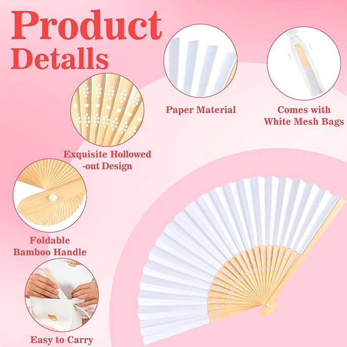 NEBURORA 12Pcs White Handheld Paper Fans 8.3 Inch Hand Held Bamboo Fans Foldable for Wedding Decoration Outdoor Party Favors DIY Decoration Dancing Photography Props