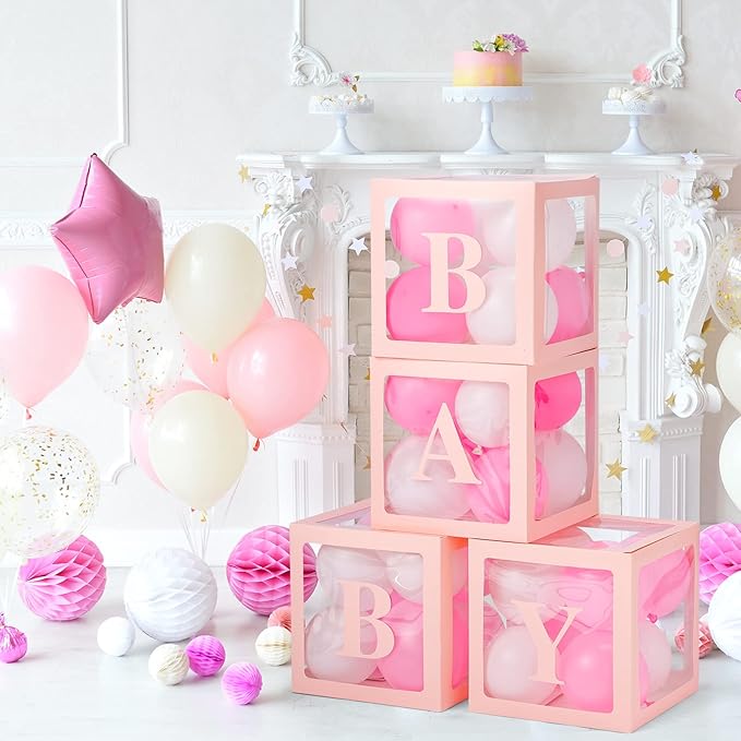 Baby Boxes with Letters for Baby Shower Decorations - 4 Transparent Balloon Boxes for Girl Baby Gender Reveal Decorations (Pink)
