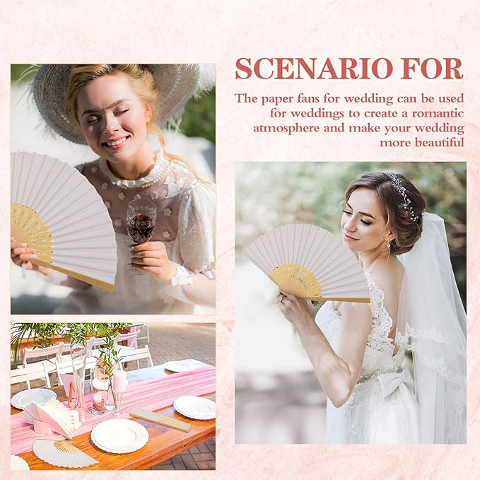 Yinkin 100 Pack Folding Fans Bamboo Handheld Folded Craft Hand Japanese Chinese Fans for Weddings Bridal Dancing Church DIY Decoration Women Gift Party Favors (White)