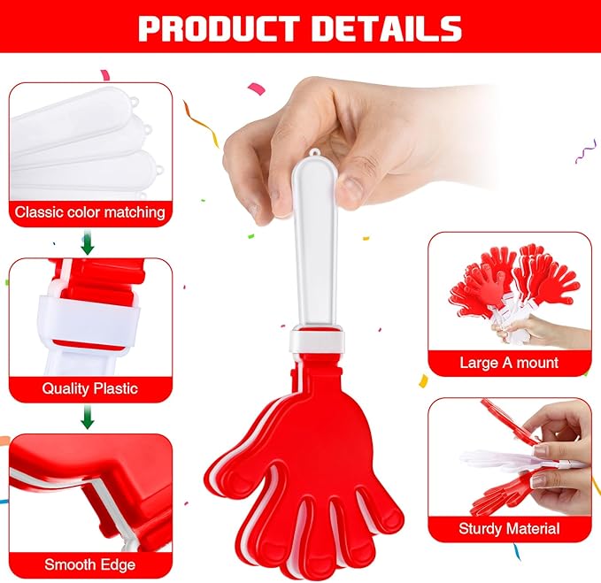 Junkin 48 Pcs Hand Clappers Bulk 7. 5 x 3. 5 Inches Noise Makers Party Favors Clapping Noise Maker Clacker for Birthdays Game Prizes Rewards Football Sporting Events Cheers Supplies (Red,White)