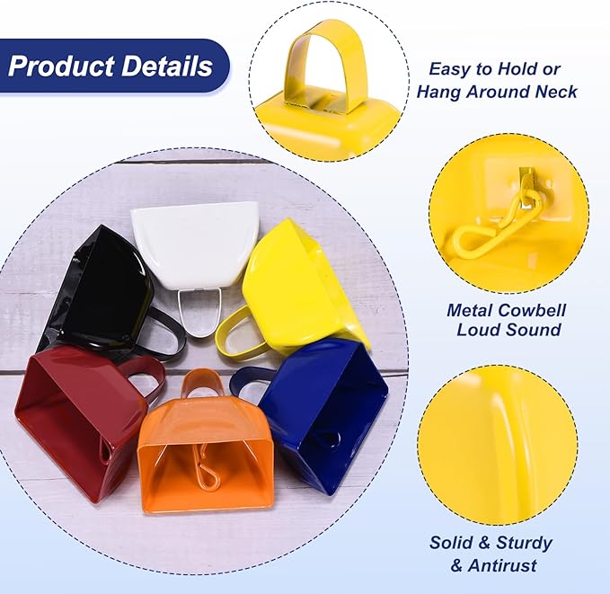PATIKIL 16pcs Cow Bells for Football Games, 3inch Cowbells for Sporting Events Bulk Loud Noise Makers Metal Cow Bell with Handle for Cheering Competition Marathon Wedding, Yellow