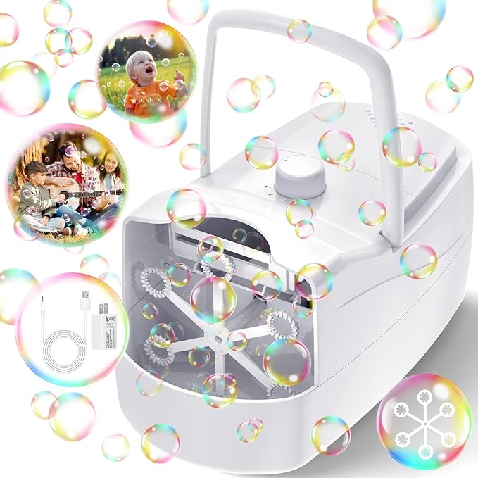 Bubble Machine, Automatic 18000+ Per Minute Big Bubbles Blower Maker for Kids Toddlers with 2 Speeds,6 Wands,Operated by Plugin or Batteries for Outdoor/Indoor Birthday Parties,Wedding (White)