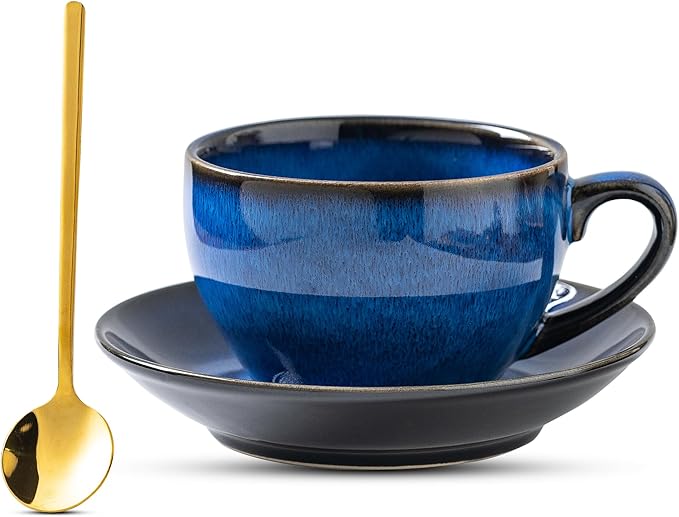 Porcelain Coffee Cup with Saucer Spoon, Vintage Design Ceramic Latte Art Cappuccino Barista Espresso Tea Cup with Saucer (11.6 oz, 350ml, Starry Blue)