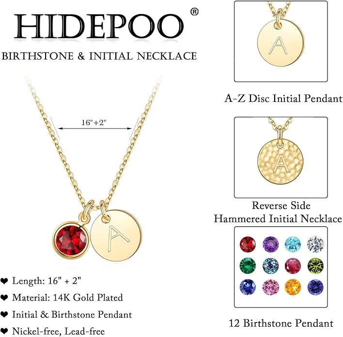 Hidepoo Initial Birthstone Necklace for Girl Women - 14K Gold Plated Disc Letter Necklace Personalized Gifts Jewelry Birthstone Initial Necklaces Birthday Gift for Female Teens Mom