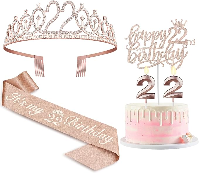22 Birthday Decorations for Women Including Sash and Tiara, Cake Topper and Candles, 22nd Birthday Gifts for Women, Rose Gold Party Decor Supplies