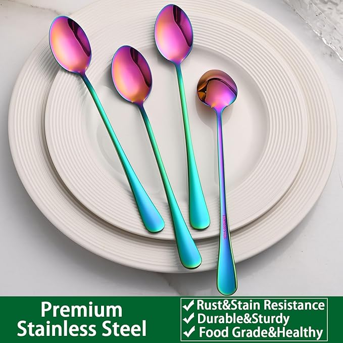 7.5 Inches Rainbow Stainless Steel Ice Tea Spoon,Set Of 8 Long Handle Coffee Stirring Spoons,Multicolored Sundae Spoons,Colorful Cocktail Mixing Spoon