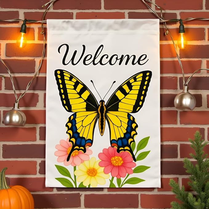 FLAGMEUP8386 Welcome Butterfly Garden Flag 12x18 Inch Double-Sided Polyester Yard Banner with Swallowtail and Floral Design, Outdoor Decoration for Pollinator Week, Labor Day and Fall Garden Refresh