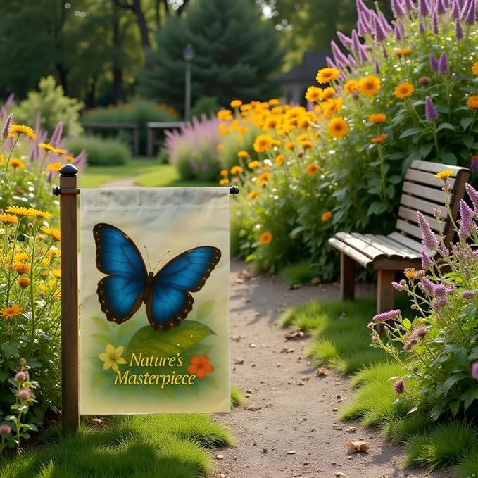 FLAGMEUP8386 Welcome Butterfly Garden Flag 12x18 Inch Double-Sided Polyester Yard Banner with Blue Morpho Tropical Leaves, Fall Flag for Seasonal Garden Decoration with Nature’s Masterpiece Quote