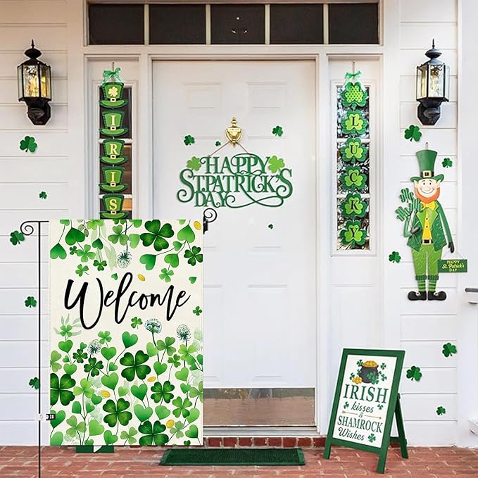 Baccessor St.Patrick's Day Welcome Garden Flag 12.5x18 Inch Double Sided,Green Lucky Shamrock Clover Flag Spring Farmhouse Holiday Yard Lawn Outdoor Outside Decoration