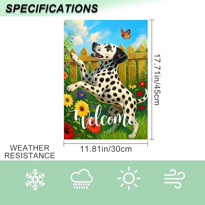 IVN Spring Summer Welcome Garden Flag 12x18 Inch Double Sided Dalmatian with Butterfly and Flowers Outdoor Yard Flag for Outside Home Front Door Lawn Porch Patio Welcome Decor