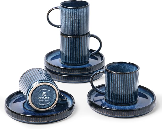 famiware Star Espresso Cups and Saucers Set of 4, [ Mini ] 3 oz Ceramic Small Coffee Mug with Handle, Ribbed Stoneware Demitasse Cup for Tea, Latte - Microwave & Dishwasher Safe - Nebulas Blue