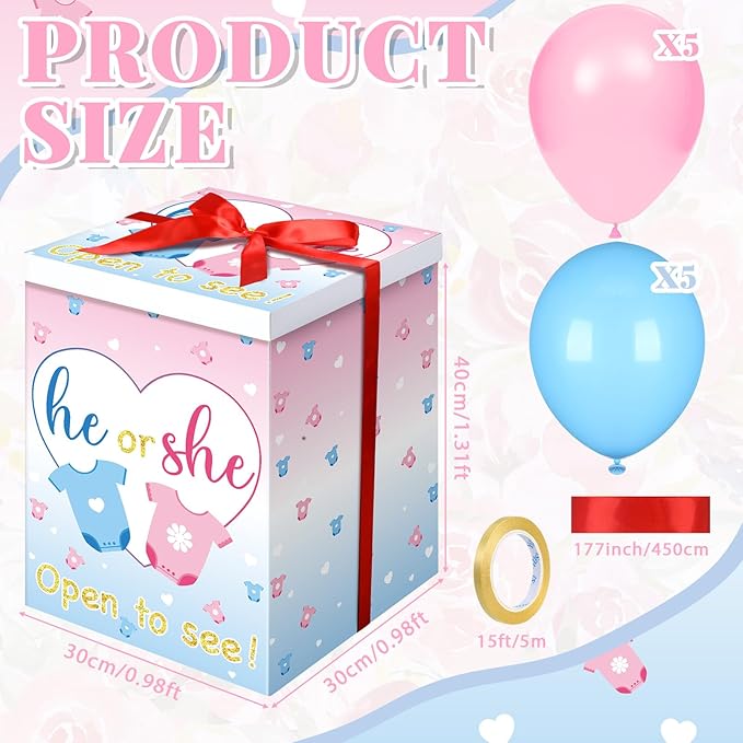 Hungdao Gender Reveal Balloon Box with Ribbon and 10 Pink and Blue Balloons Gender Reveal Games He or She Open to See for Party Decoration 12"x12"x16"(Cloth)