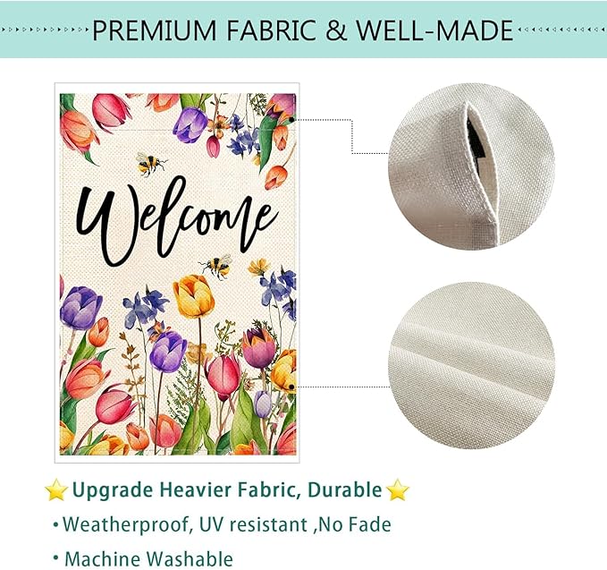 Baccessor Spring Summer Easter Tulip Welcome Garden Flag Double Sided Bee Colorful Floral Small Burlap Yard House Seasonal Farmhouse Outside Outdoor Decoration 12.5 x 18 Inch