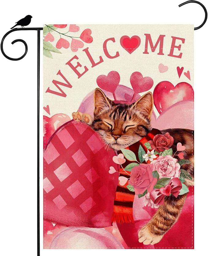 ZAEW Welcome Valentine’s Day Garden Flag Romantic Red Big Roses Love Heart Cat Yard Flag 12x18 Inch Double Sided Small Mini Yard Outdoor Outside Holiday Decoration