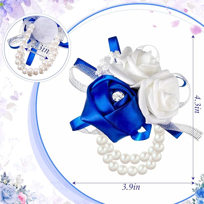 Zeyune 18 Pcs Wrist Corsages for Prom Wedding Artificial Rose Wristlet Corsage Hand Flower for Mother of Bride and Groom, Bridal, Bridesmaid Wedding Supplies (Royal Blue)