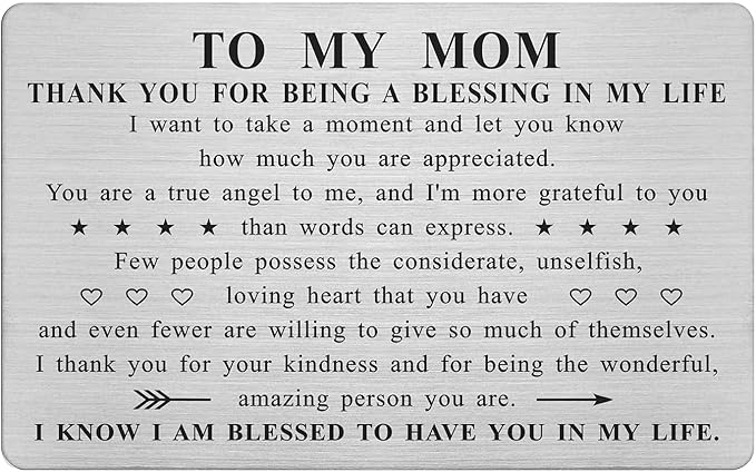 ABNTY Mothers Day Gifts for Mom, Thank You Mom Gifts, Mom Appreciation Card, Stainless Steel Engraved Wallet Insert