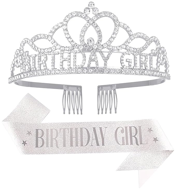 Birthday Tiara and Crown with Sash for Women, Hair Accessories for Wedding Party Costume (A1 - Silver)