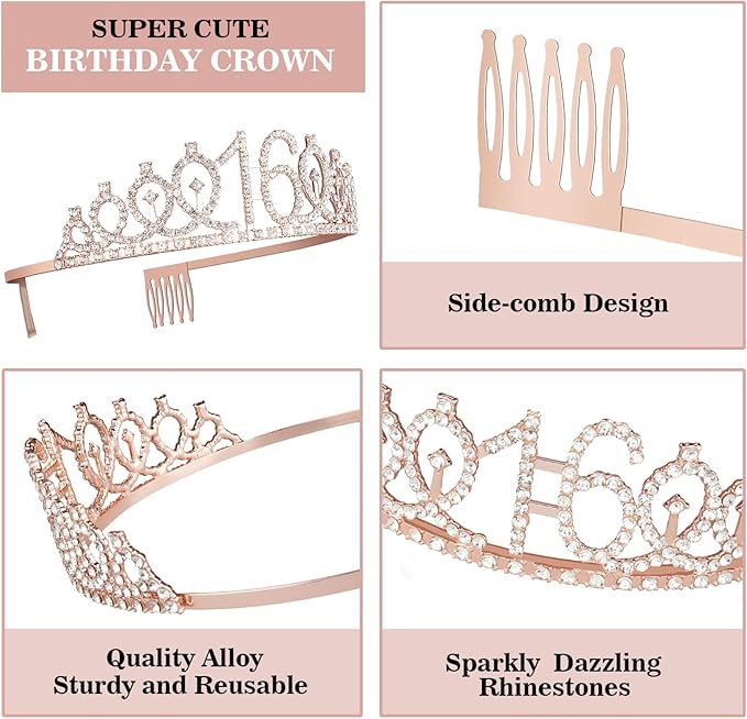 Sweet 16 Party Decorations for Girls Including Sash and Tiara, Cake Topper and Candles, 16th Birthday Decorations for Girls, Sweet Birthday Gifts Party Favor Supplies