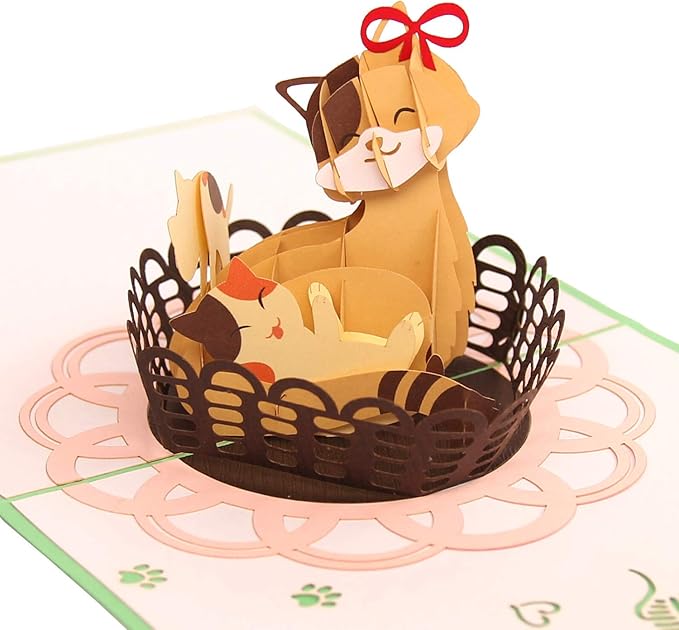 CUTE POPUP Premium Italy Paper 3D Mother Cat Pop Up Card - Handmade Mother's Day, Birthday Card for Mom Meaningful Gift for Animal Lovers, Cat Lovers (6x6 inches)