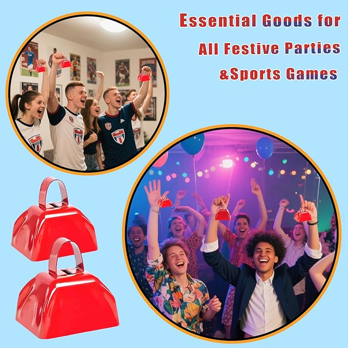 Cow Bells Noise Makers for Sporting Events, 4PCS Metal Cowbells with Handle - Small Loud Bell Bulk Hand Percussion Noisemakers for Football Games Graduation Sporting Events Weddings