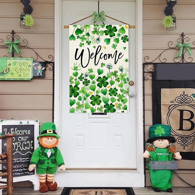 Baccessor St.Patrick's Day Welcome House Flag 28x40 Inch Double Sided,Green Lucky Shamrock Clover Large Garden Flag Holiday Porch Patio Farmhouse Outdoor Outside Decoration