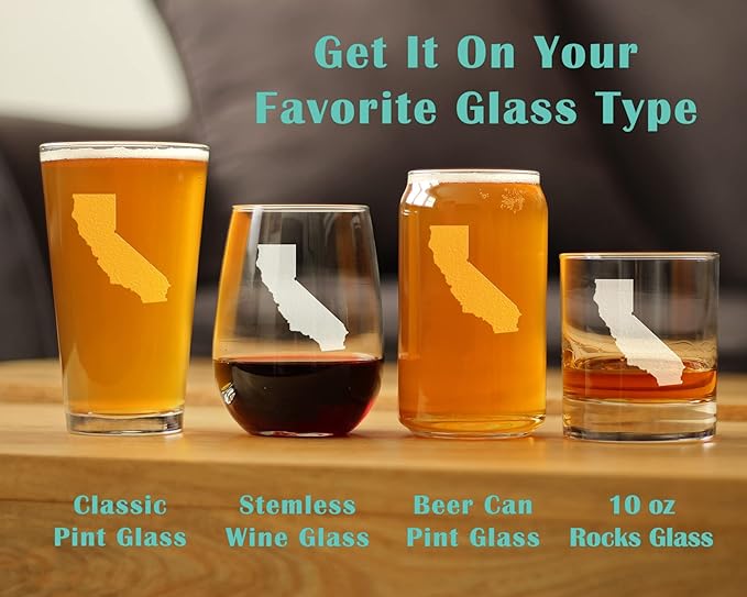 Bevvee California State Outline Pint Glass for Beer - State Themed Drinking Decor and Gifts for Californian Women & Men - 16 Oz Glasses
