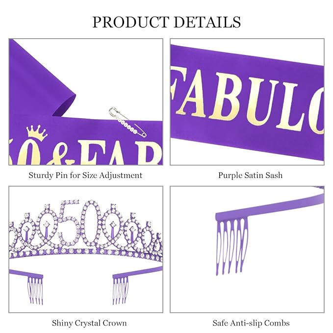 Casoty Purple 50th Birthday Sash and Tiara, 50th Birthday Decorations for Women, 50 & FABULOUS Sash and Crown Set, Party Supplies Favors for Women Gifts for Her