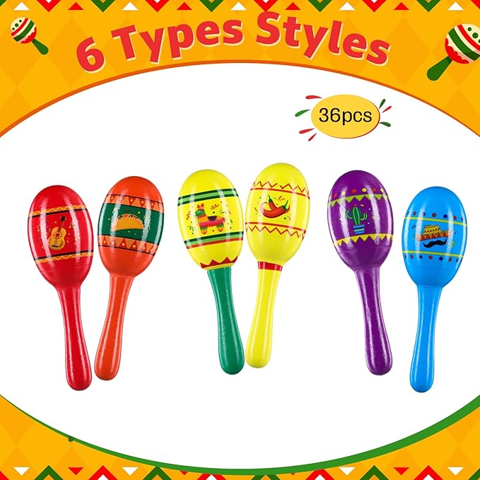 Hungdao 36 Pcs Mini Mexican Fiesta Wooden Maracas Bulk 6 Designs Wooden Maracas Noisemaker for Fiesta Party Favors Cinco De Mayo Party Supplies Decor Taco Tuesday Event Luau Game (Vibrant Style)