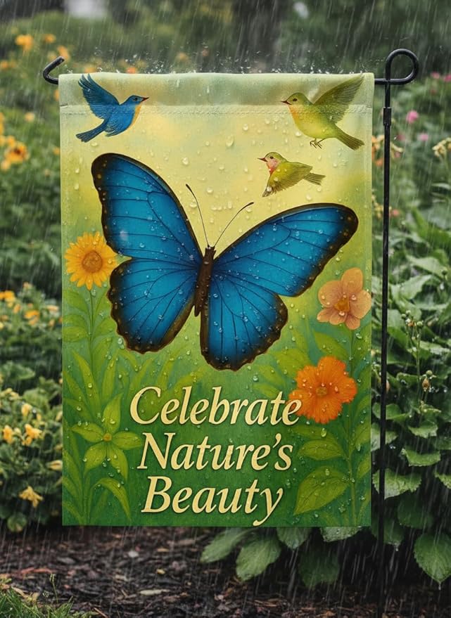 FLAGMEUP8386 Welcome Butterfly Garden Flag 12x18 Inch Double-Sided Polyester Yard Banner with Blue Morpho Songbirds, Fall Flag for Autumn Yard Displays with Celebrate Nature’s Beauty Quote
