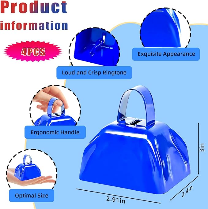 Cow Bells Noise Makers for Sporting Events, 4PCS Metal Cowbells with Handle - Small Loud Bell Bulk Hand Percussion Noisemakers for Football Games Graduation Sporting Events Weddings