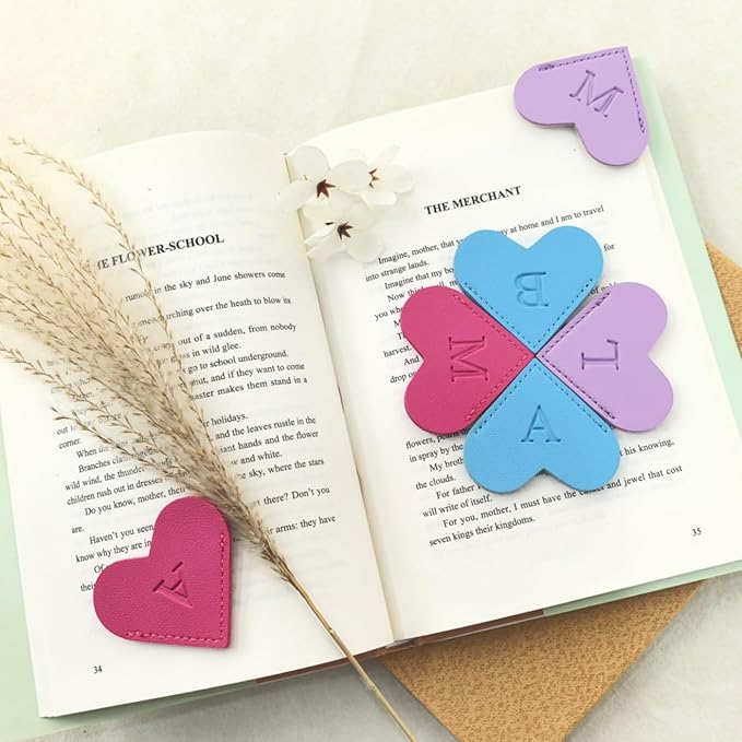 MOTEERLLU Personalized Leather Heart Bookmark with Initials, Handmade, Letter Cute Custom Corner Book Marks for Reading Women, Teachers, Students, Book Lovers, Book Accessories(Purple,Z)