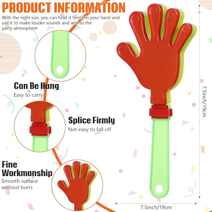 120 Pcs Colorful Hand Clappers 7.5 Inch Clappers Noisemakers Noise Makers Party Favors Plastic Clapper Sporting Events Cheers Ball Dance Basketball Football Noisemakers （Colorful）
