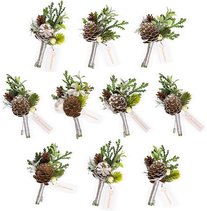TINGE TIME Boutonniere for Men, Groom and Best Man Boutonniere for Wedding Ceremony Anniversary, Formal Dinner Party and Rustic Xmas Wedding Marriage (Christmas White)