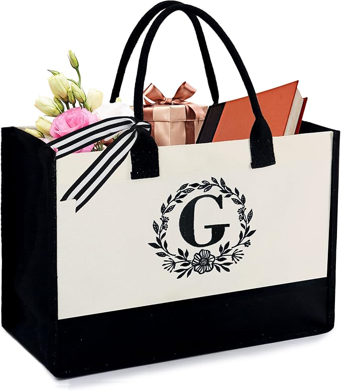 BeeGreen Embroidery Monogram Initial Tote Bag for Women Teacher Mom Friend Personalized Gift for Birthday Beach Wedding Work