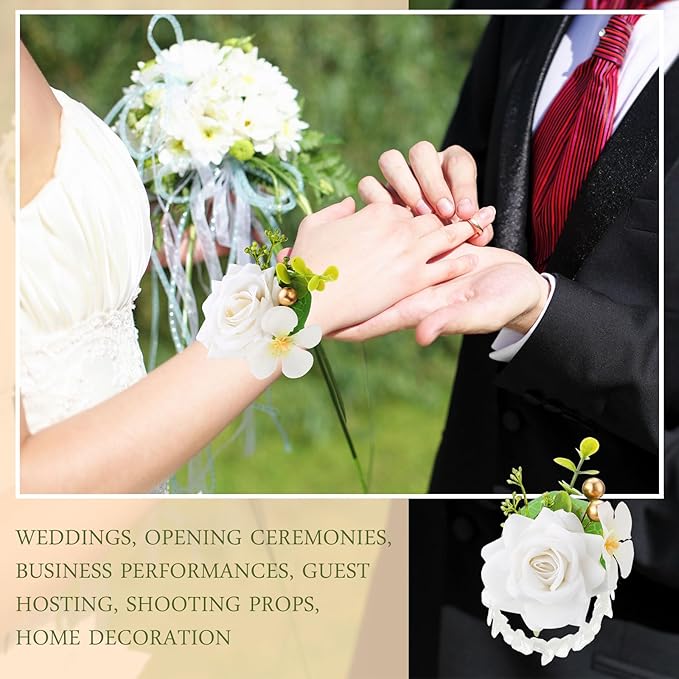 Sherr Set of 12 Rose Wrist Corsages for Wedding Corsage Flower Wristlet Floral Wedding Wrist Bridal Rose Leaf Hand Flowers for Bride Bridesmaid Prom Engagement Festival(White)