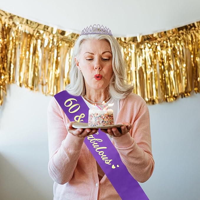 Casoty Purple 60th Birthday Sash and Tiara, 60th Birthday Party Decorations for Women Crown and 60 & Fabulous Sash, Party Supllies Favors for Women Gifts for Her
