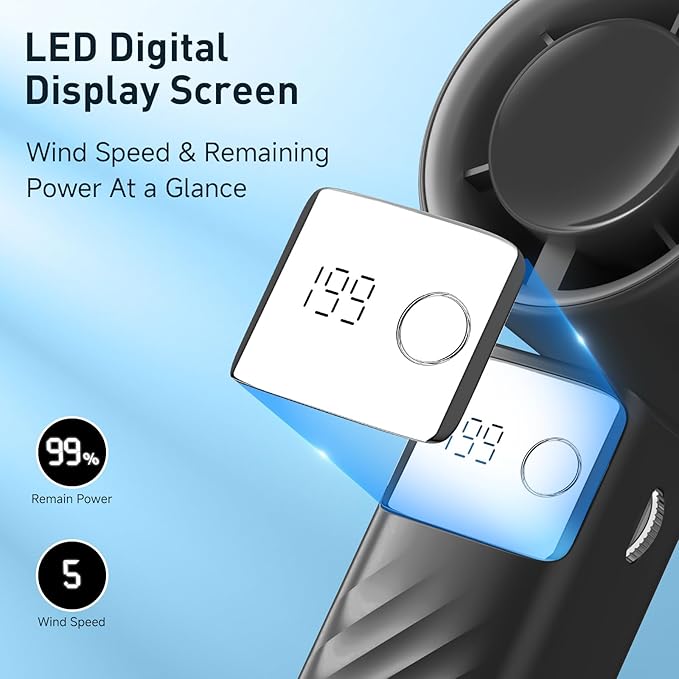 Portable Handheld Turbo Fan - Foldable Mini Fan with Air Turbo Tech, 1-199 Speed Adjustment, 20H Runtime, LED Display, Battery-Powered for Indoor/Outdoor Use, Dark Black